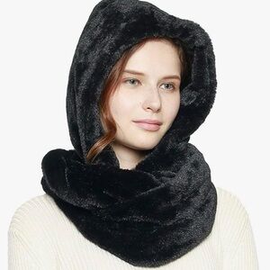 Luxurious Black Faux Fur Hooded Scarf